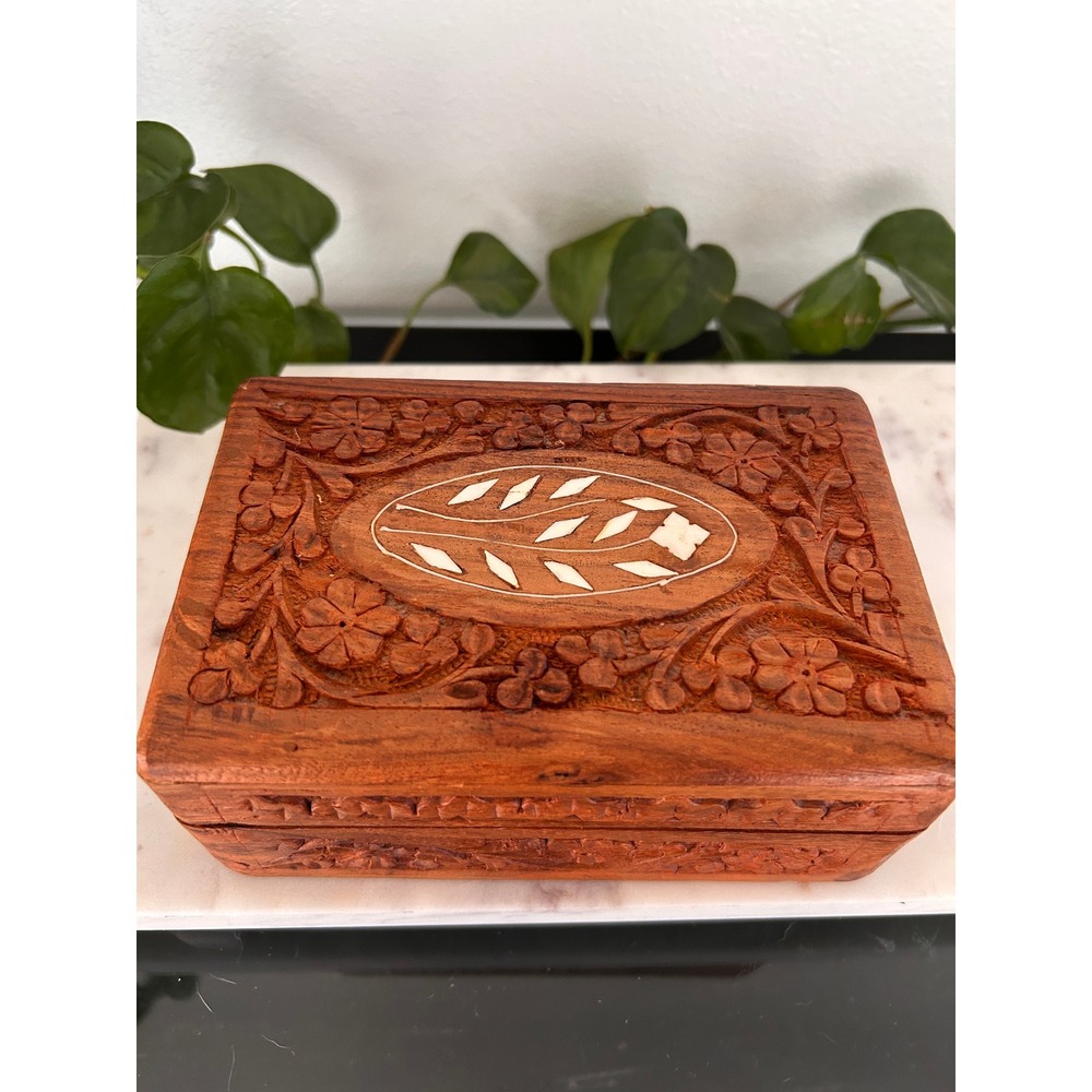 Vintage Hand Carved Floral Wood Jewelry Box Shell Inlay Blue Velvet Lined - Picture 1 of 16